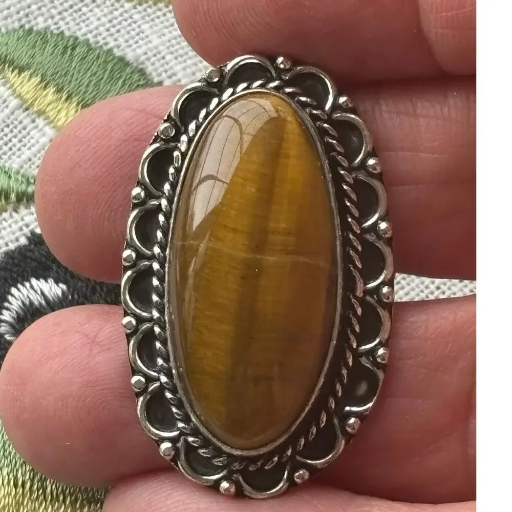 Silver Oval Tiger Eye Ring Size 8